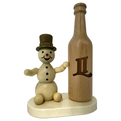 Schneemann sitzend mit Flasche "L"